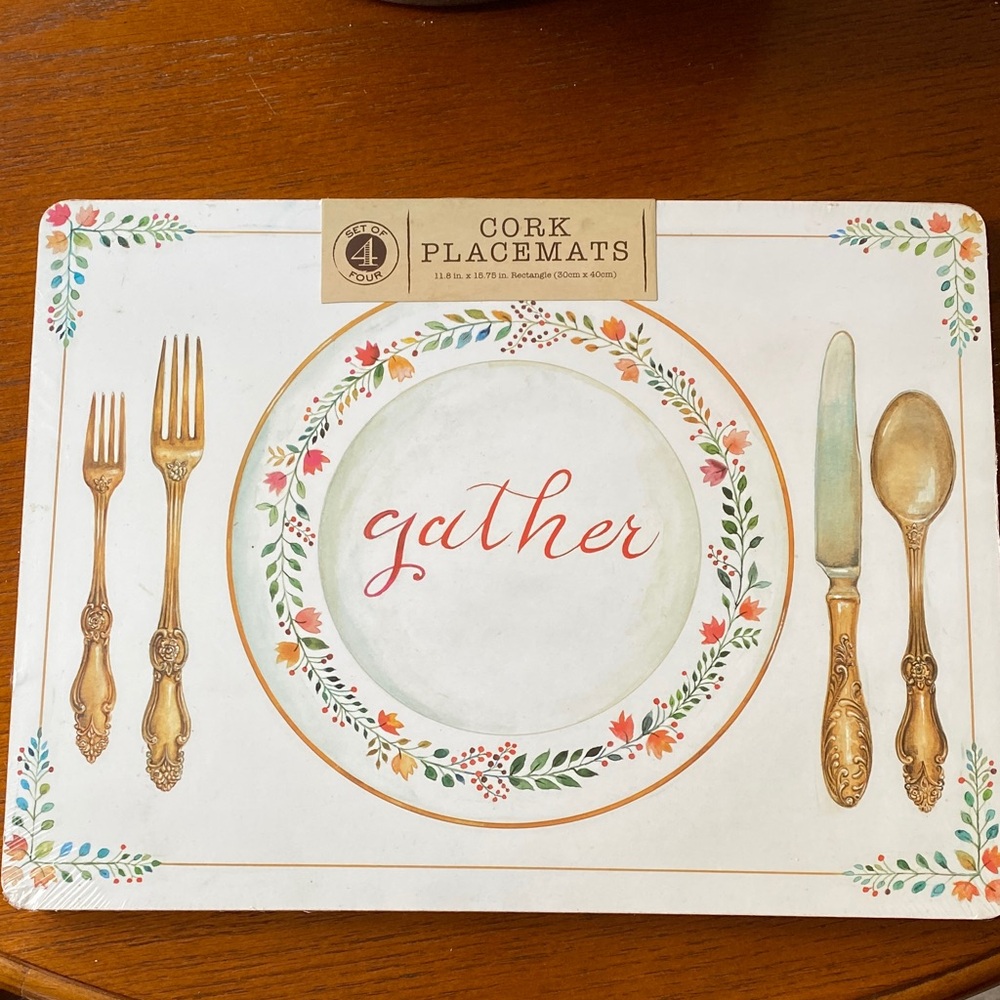 Brand New Floral “Gather” Placemats with Dinner Plate and Silverware Motif